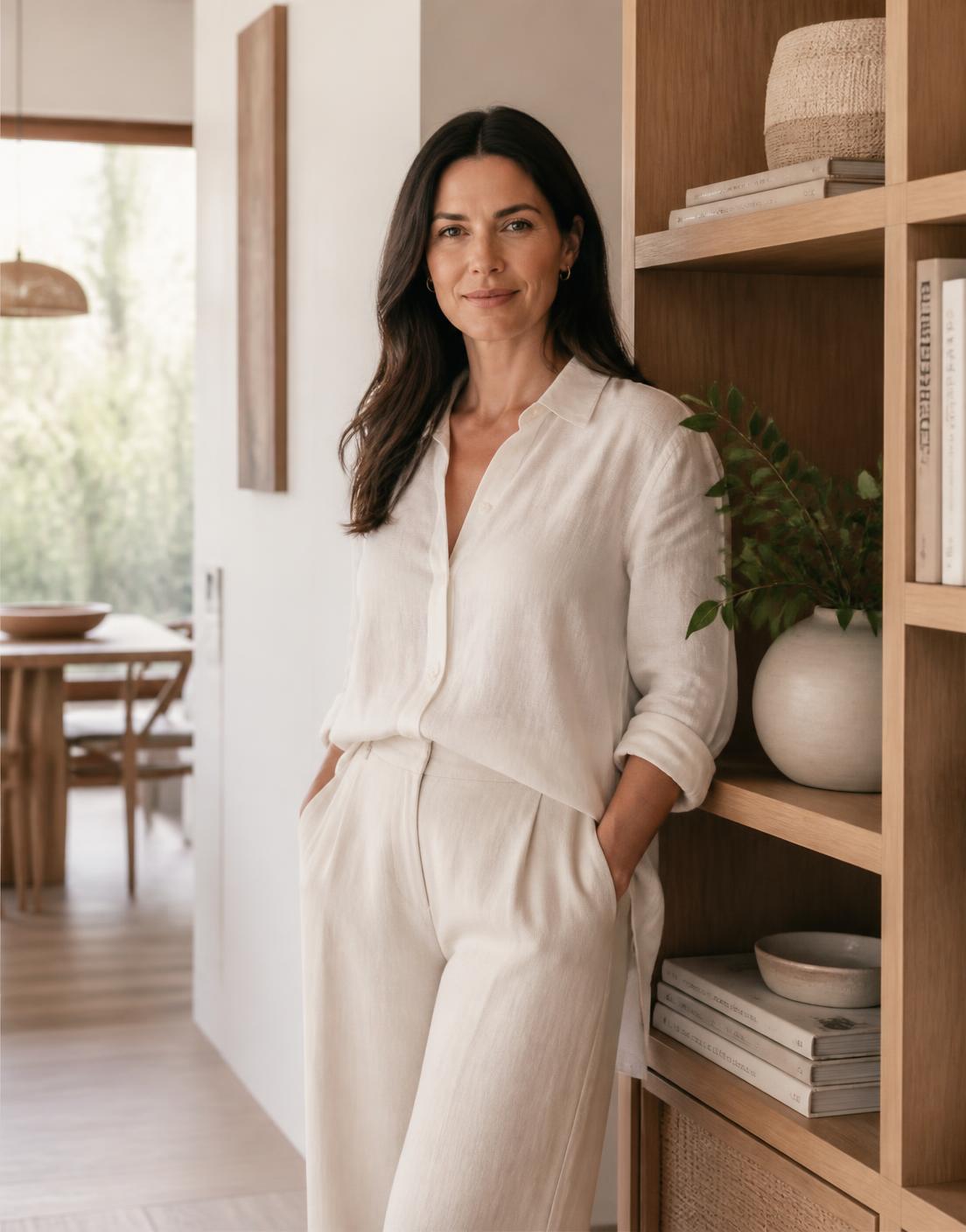 Sherry standing in a bright neutral home interior with wood shelving