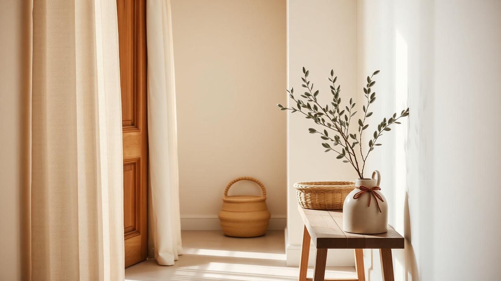 Sunlit hallway with linen curtain, wooden bench and olive branches