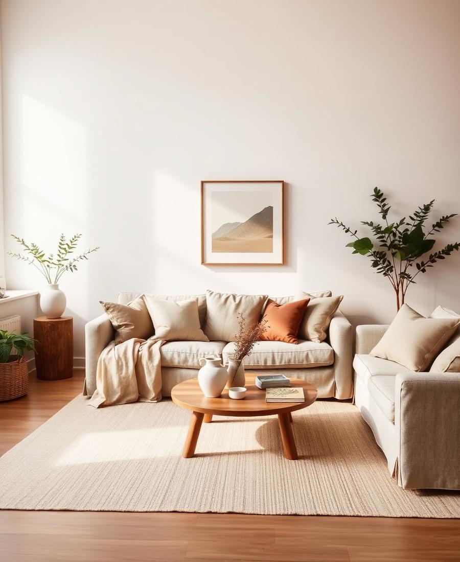 Calm neutral living room with linen sofa and wood coffee table
