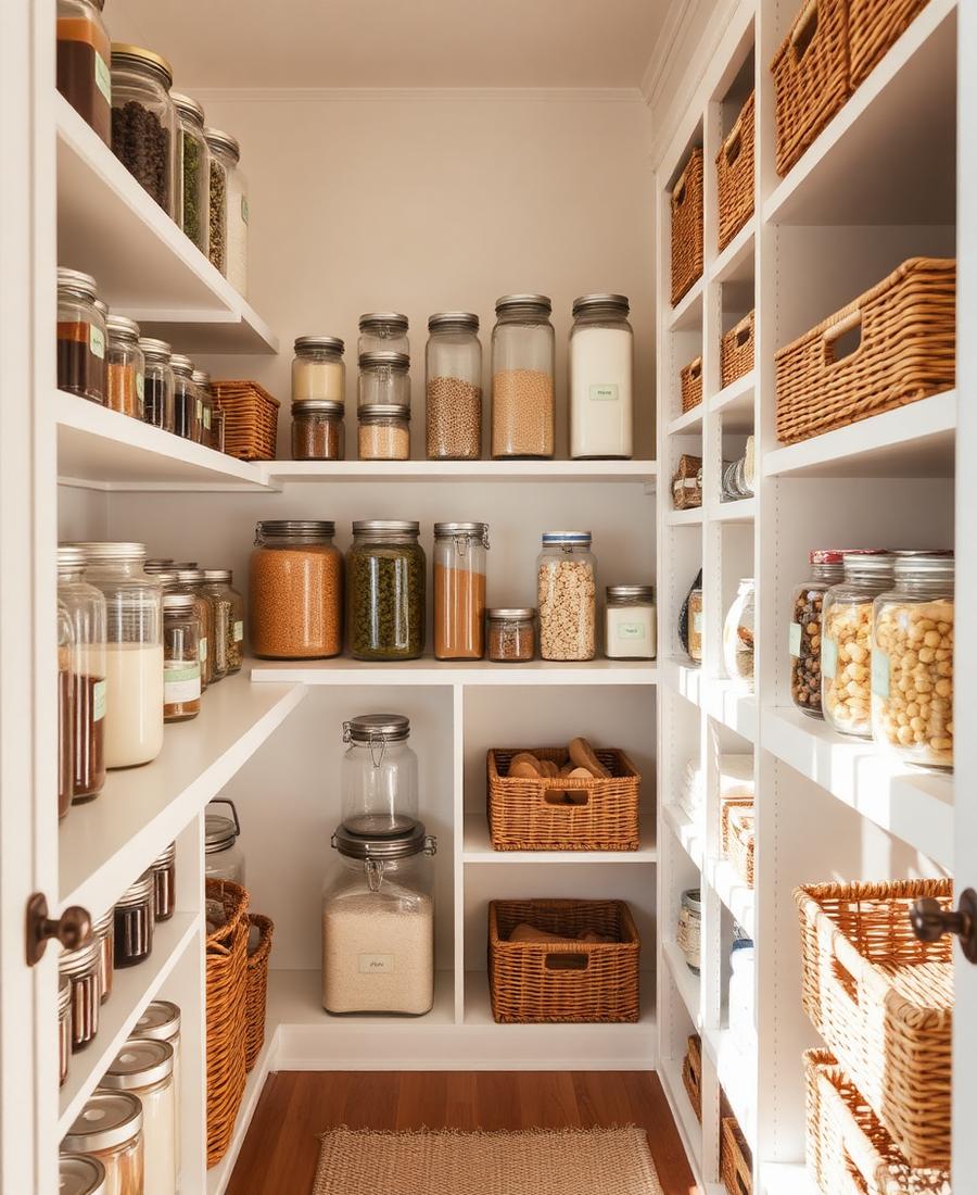 Organized pantry with glass jars, labeled containers and woven baskets