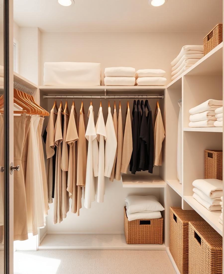 Elegant organized walk-in closet with neutral clothing and woven storage