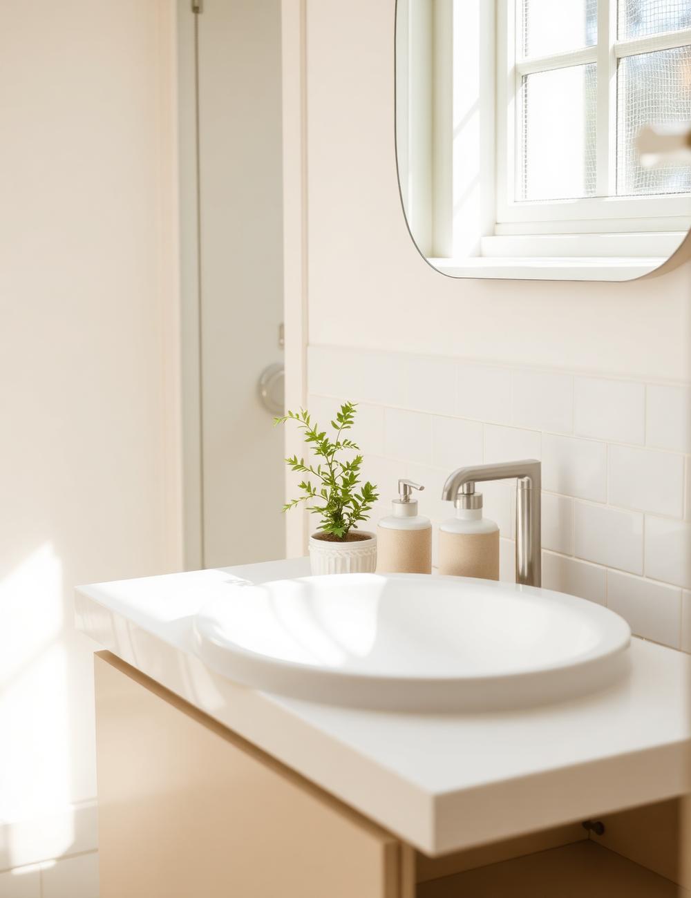 Serene neutral bathroom vanity with linen towels and greenery