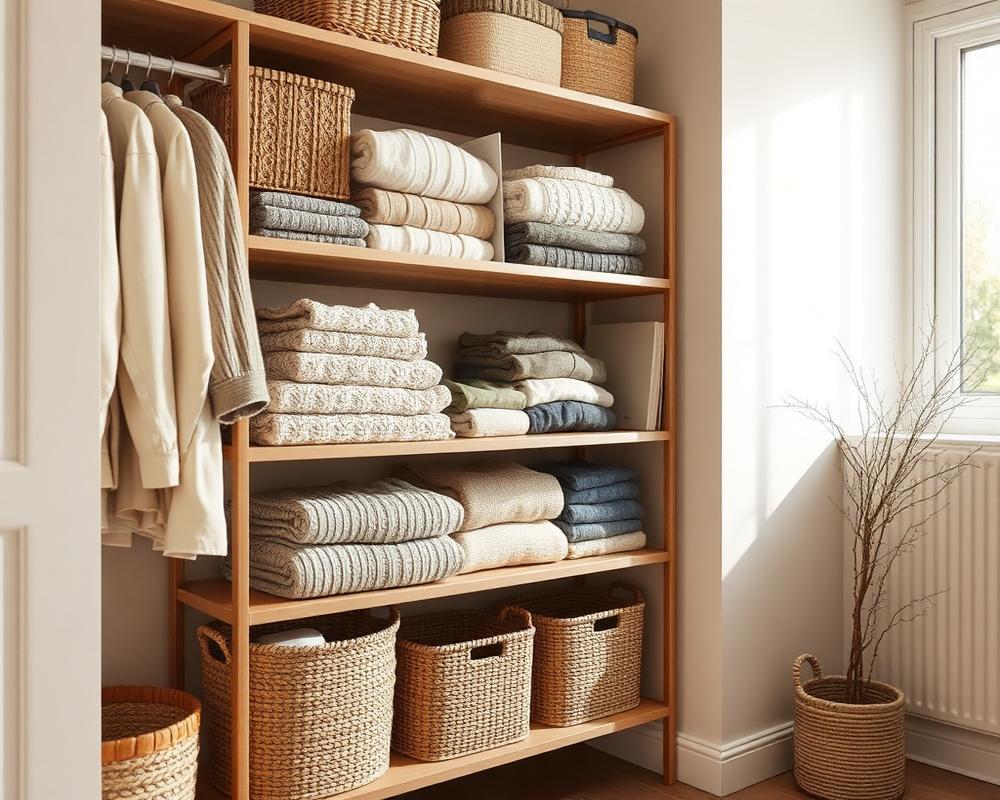 Wardrobe shelving with folded knitwear and woven baskets