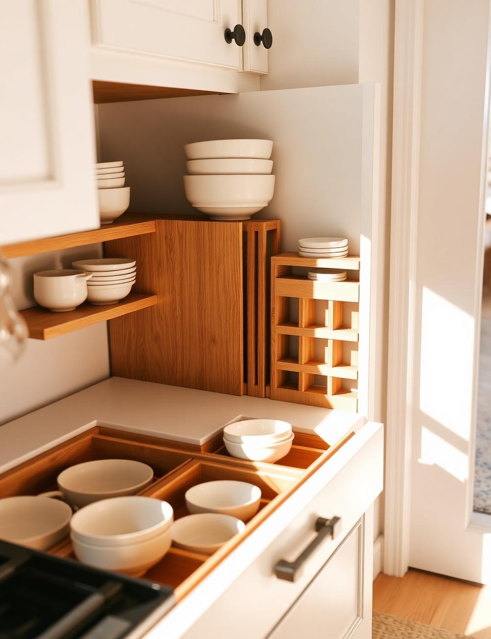 Organized kitchen drawer with wooden dividers and ceramic bowls