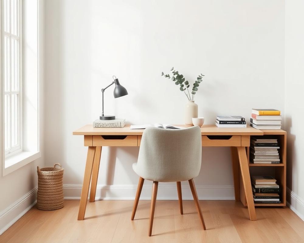 Minimal home office with oak desk and eucalyptus